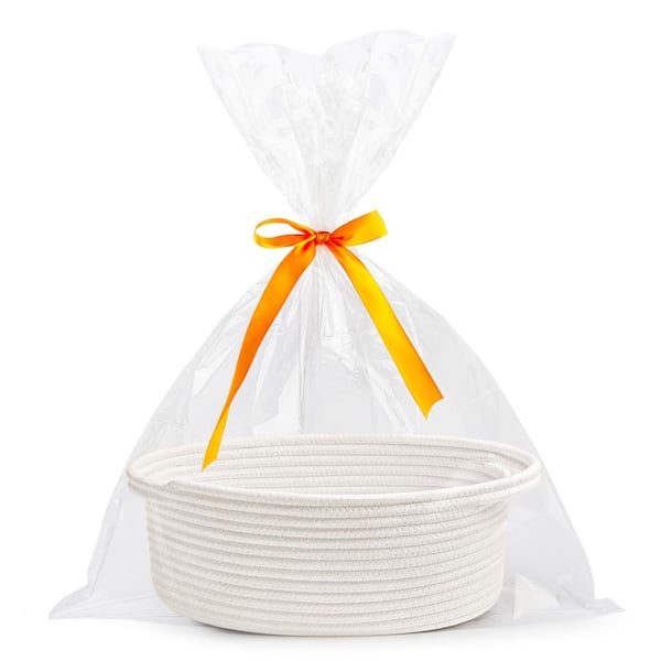 12 in. x 8 in. x 5 in. Woven Storage Basket with Gift Bags Ribbons and Handle for Halloween Gifts and Baby Toys (1-Pack)