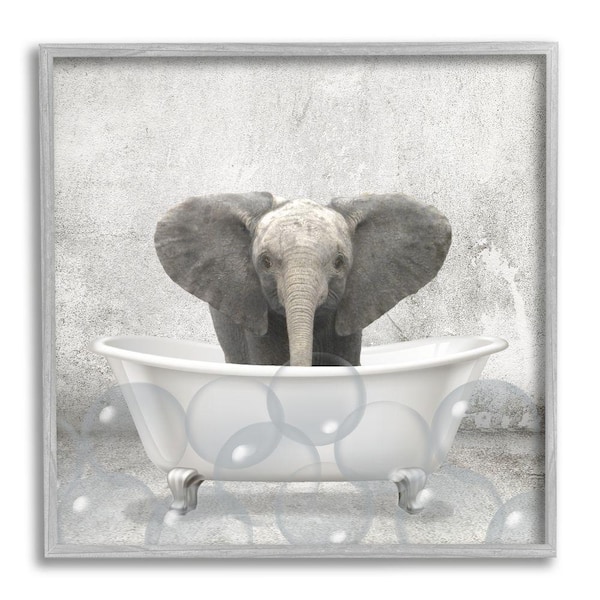 Stupell Industries "Baby Elephant Bath Time Cute Animal Design" by Kim Allen Framed Print Animal Texturized Art 12 in. x 12 in.