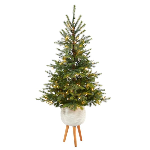 Nearly Natural 5 ft. Green Pre-Lit Artificial Christmas Tree with 100 Clear Lights and 207 Bendable Branches in White Planter