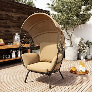 Black Aluminum Outdoor Patio Egg Lounge Chair with Tan Foldable Canopy and Tan Cushions