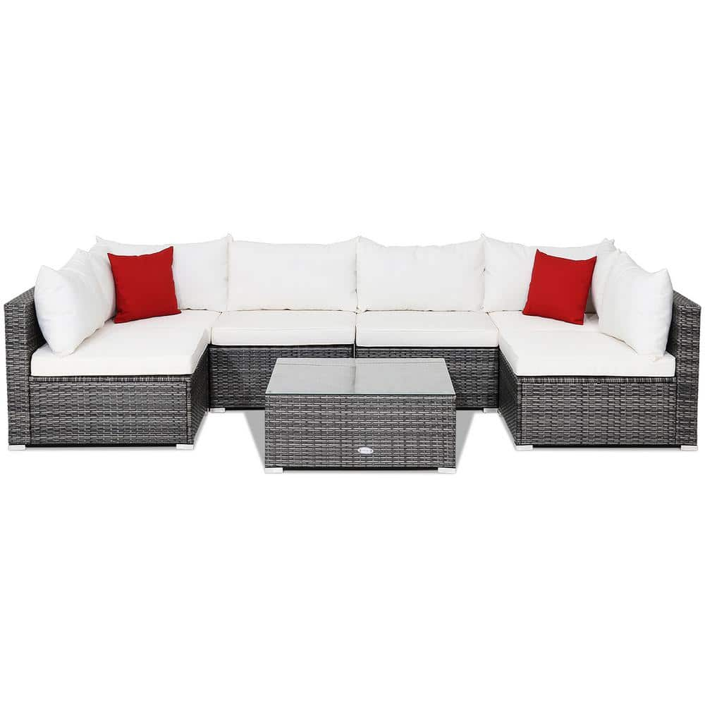 7-Piece Wicker Outdoor Patio Rattan Sectional Sofa Set Furniture Set with Off White Cushions -  Gymax, GYM10229