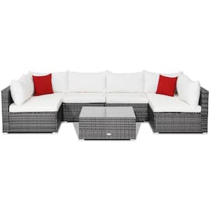 7-Piece Wicker Outdoor Patio Rattan Sectional Sofa Set Furniture Set with Off White Cushions