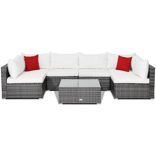 7-Piece Wicker Outdoor Patio Rattan Sectional Sofa Set Furniture Set with Off White Cushions