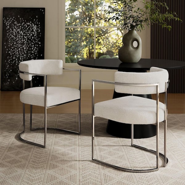 Huron Modern Barrel Dining Chair with Sled Base in Silver Cream - Upholstered Fabric Accent Chair with Open Curved Back