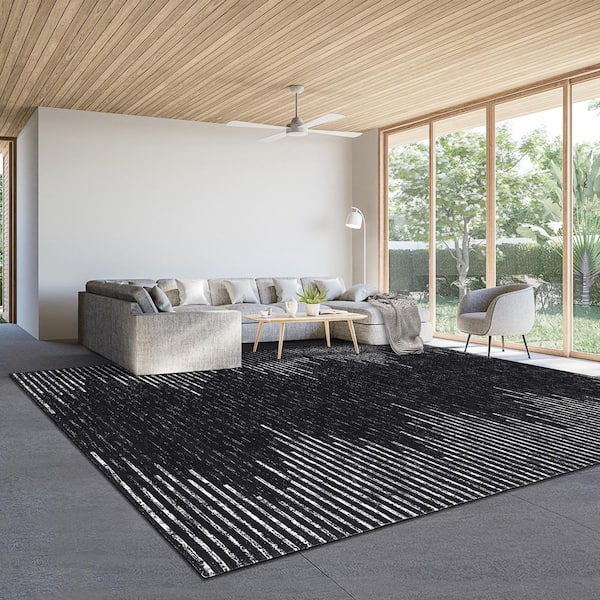 Washable Black 4 ft. x 6 ft. Modern Striped Printed Rug Low Pile Soft Thin Carpet Stain Resistant Non-Slip, Area Rug