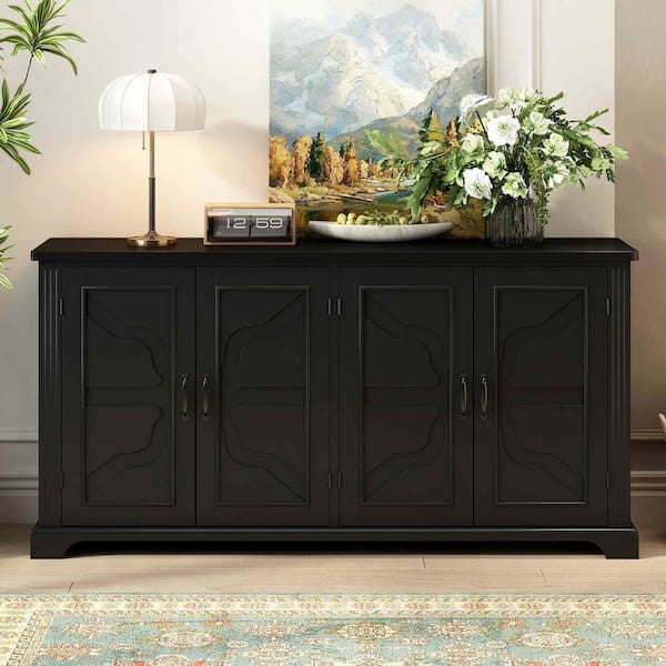 Black Wood 62.8 in. Sideboards with Pine Doors and Legs, 4-Metal Handles Ideal for Dining Table Area