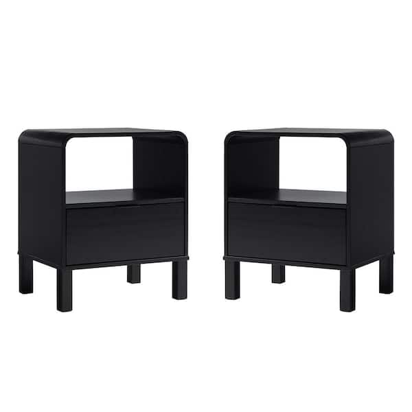 Black 1-Drawer Solid Wood Modern Rounded 19 in. W Nightstand, Set of 2