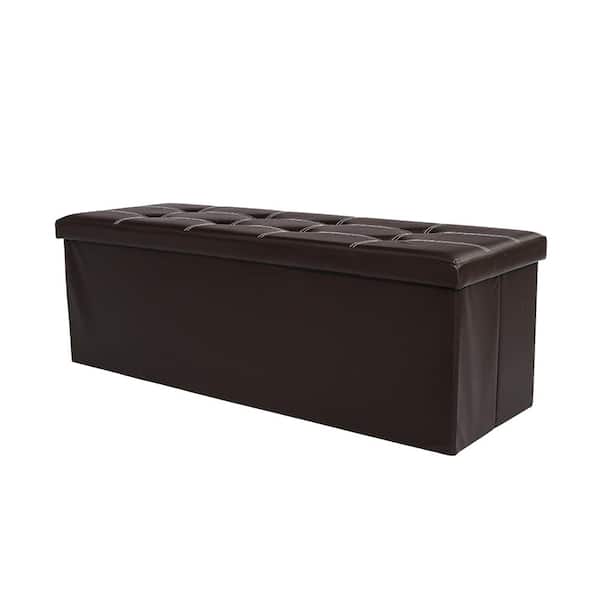Folding Ottoman Black Faux Leather Chest Solid Sturdy Storage Space Saving Box 