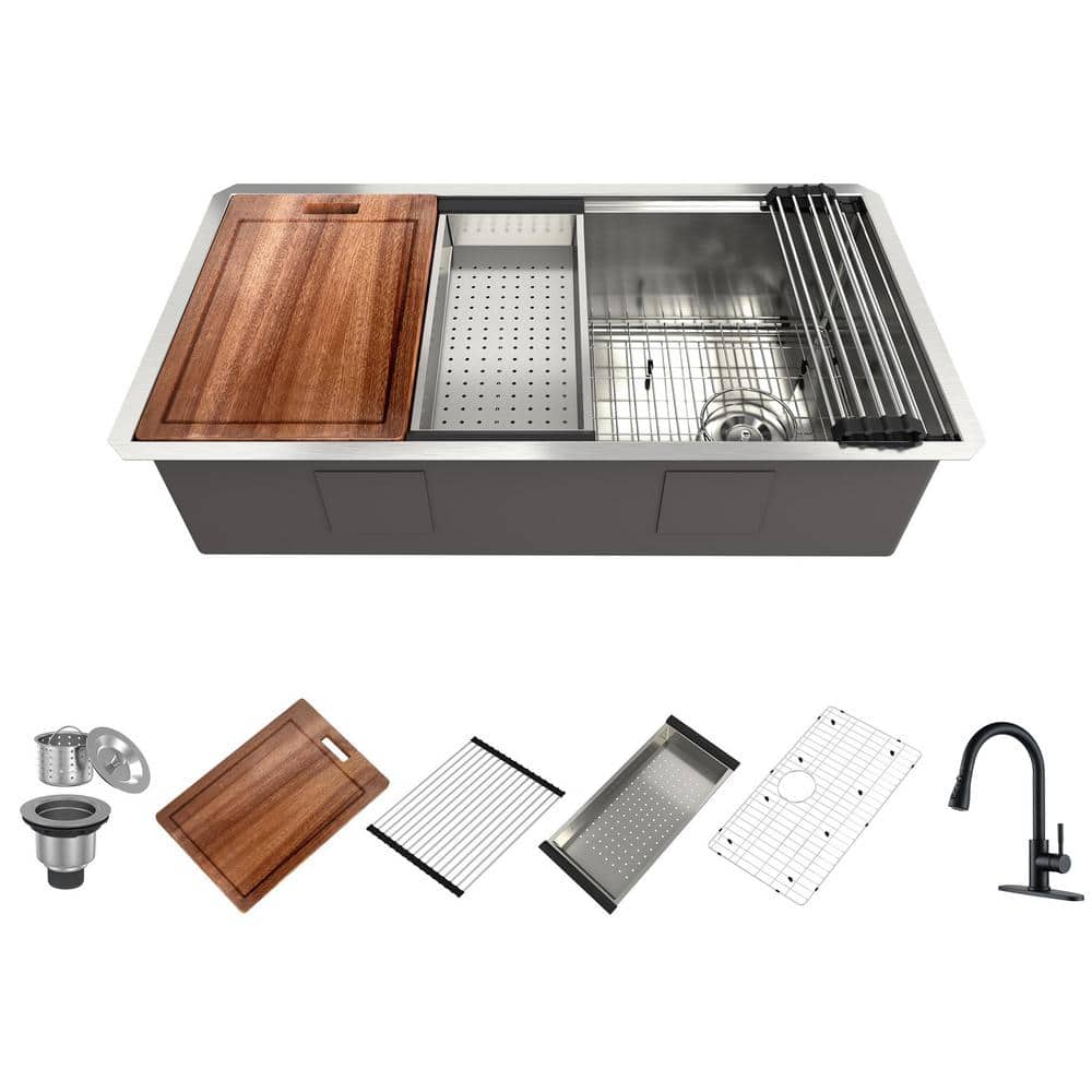 36 in. Undermount Single Bowl Stainless Steel Kitchen Sink with Faucet, Cut