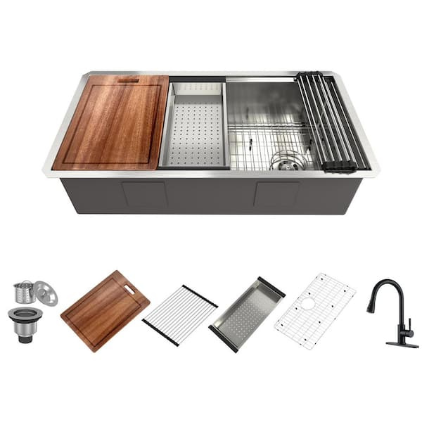 Boyel Living 36 in. Undermount Single Bowl Stainless Steel Kitchen Sink with Faucet, Cutting Board, Rolling Drying Rack and Colander