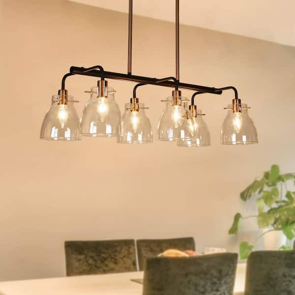 28 in. 6-Light Modern Black Island Chandelier, Bell Clear Glass Pendant Light, Farmhouse Brass Light Fixture for Kitchen