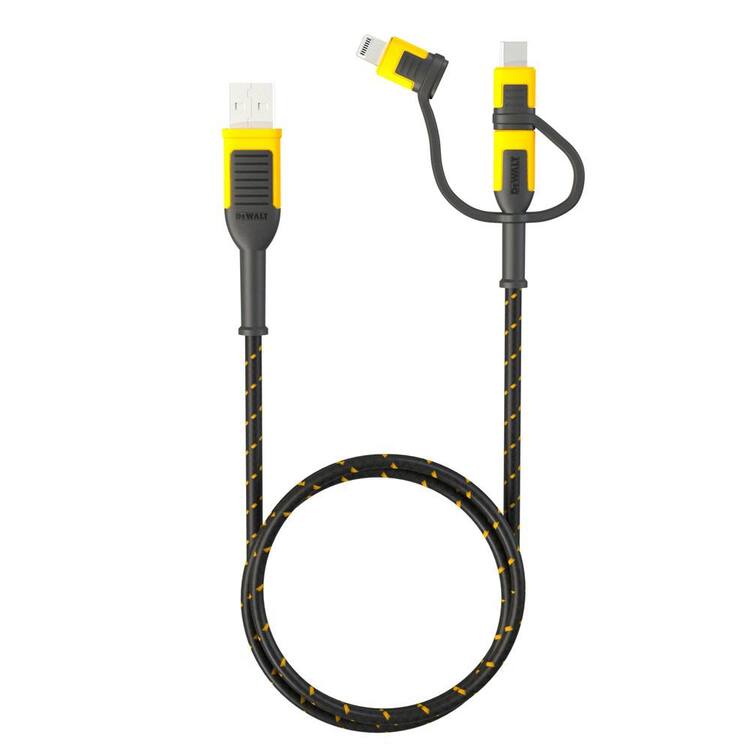 DEWALT Reinforced 3-In-1 Cable for Lightning, USB-C and Micro-USB