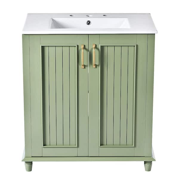 30 in. Freestanding Green Bath Vanity with White Resin Sink Top with Hidden Drawer, Solid Wood Frame