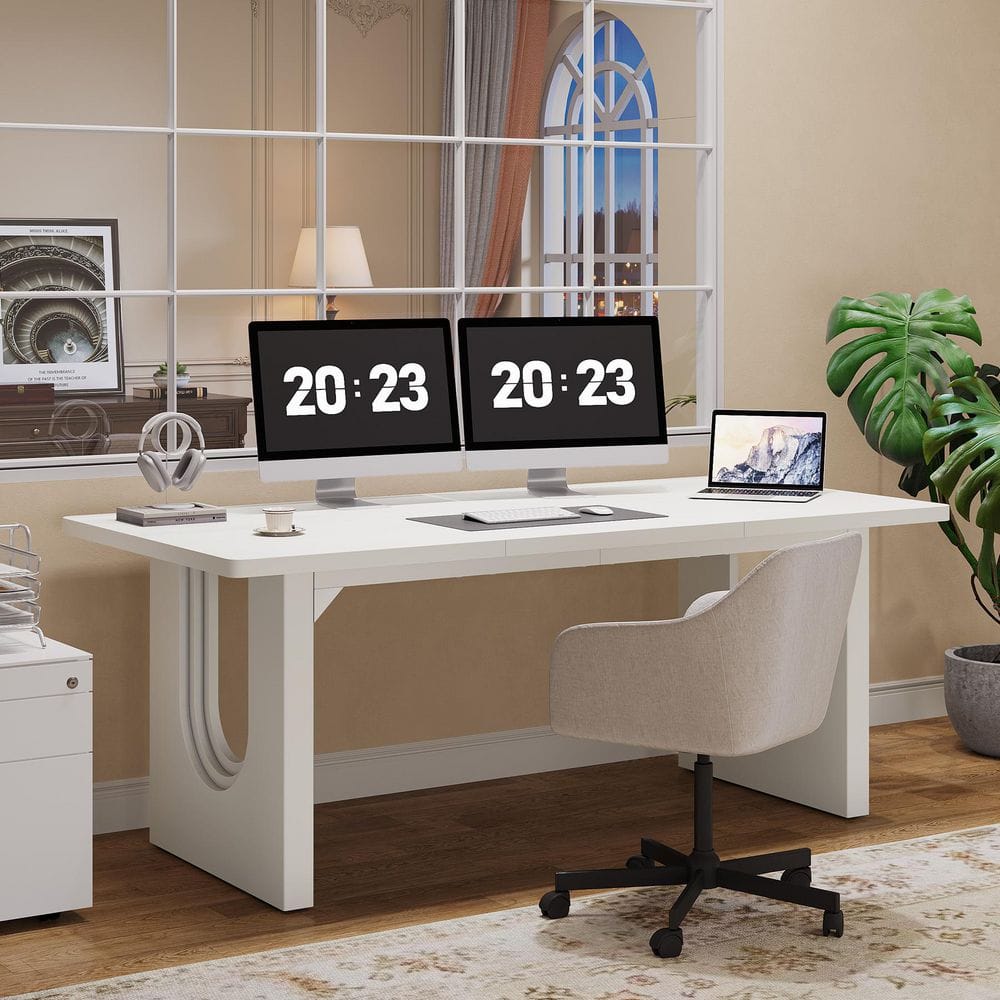 70.9 in. Rectangular White Engineered Wood Modern Executive Desk, Large Office Computer Desk for Home Office