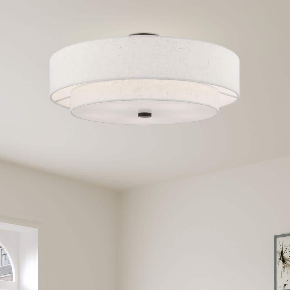 English Bronze Double Drum Semi-Flush Mount Light