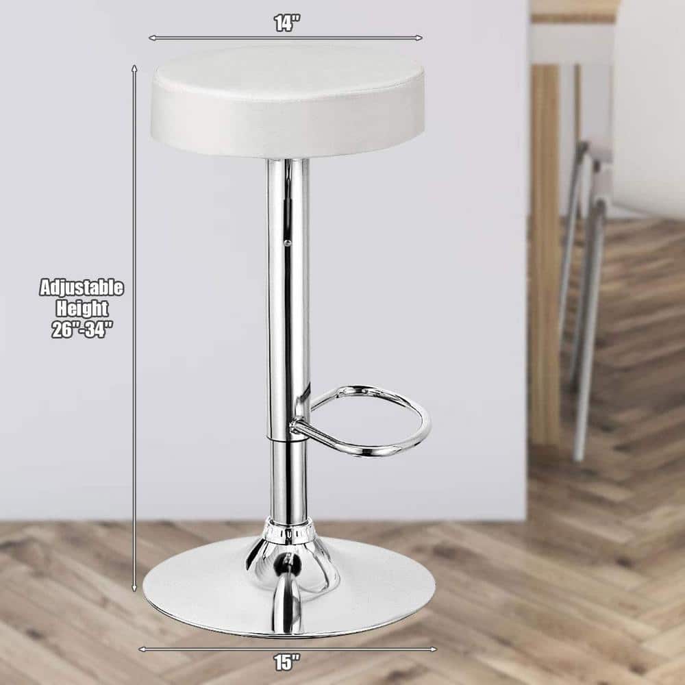 White Adjustable Swivel Backless Leather Bar Stools, Set of 2