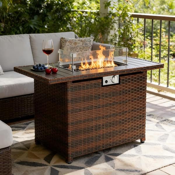 43 in. 50000BTU Brown Rectangle Rattan Wicker Outdoor Propane Gas Fire Pit Table with Glass Wind Guard and Cover