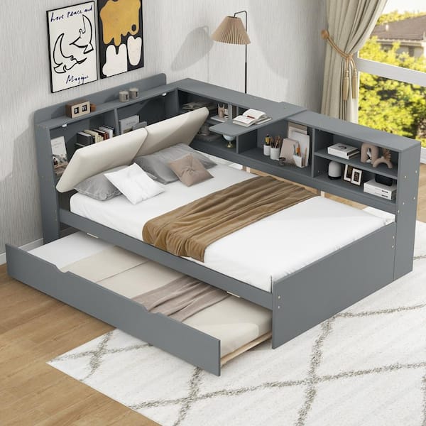 Harper & Bright Designs Gray Wood Frame Twin Platform Bed with Rotatable Board, Linen Hidden Storage Headboard, Shelves, Twin Trundle