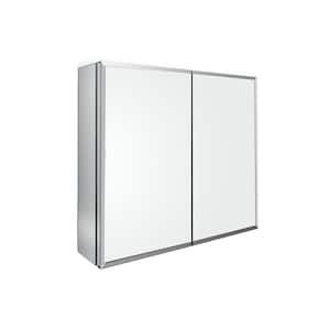 30 in. W x 26 in. H Silver Double Door Rectangular Aluminum Recessed/Surface Mount Medicine Cabinet with Mirror