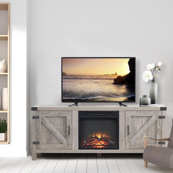GOOD & GRACIOUS 60 in. TV Stand Cabinet Sideboard with Electric Fireplace Grey Fits TV's Up to 70 in. with Ajustable Shelves