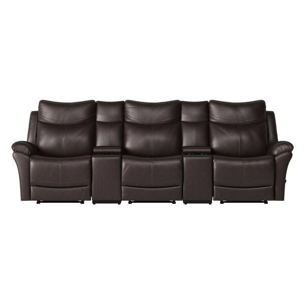 BLACK LEATHER PILLOWTOP 3-SEAT HOME THEATER RECLINER WITH STORAGE CONSOLES 