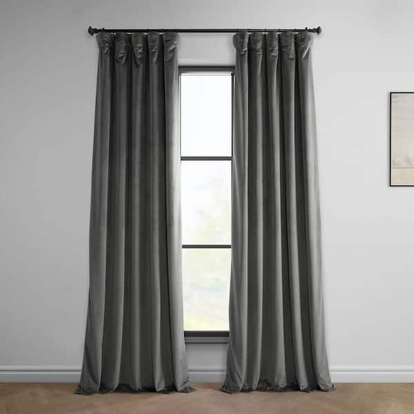 Exclusive Fabrics & Furnishings Pepper Grey Velvet Rod Pocket Room Darkening Curtain - 50 in. W x 108 in. L Single Panel Window Velvet Curtain