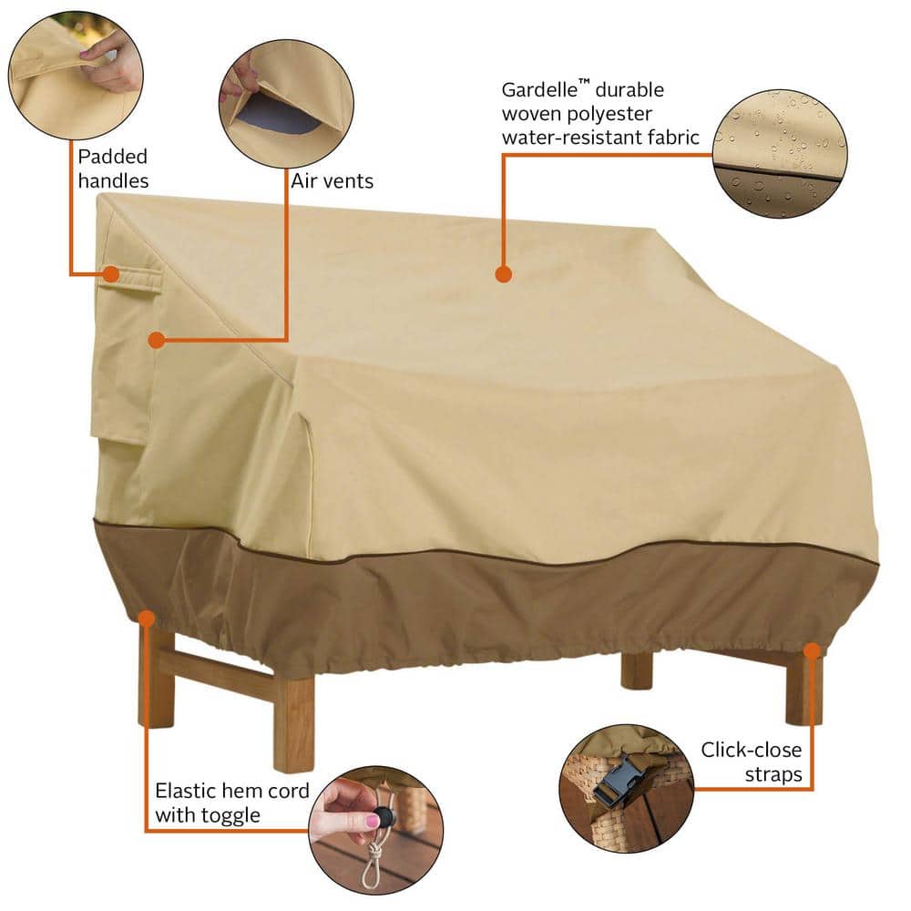 Medium Tan and Brown Polyester Patio Bench Cover with Elastic Hem
