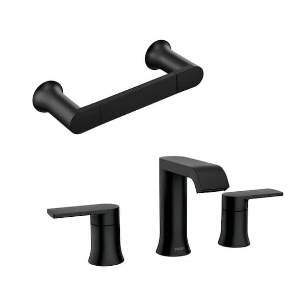 MOEN Genta 8 in. Widespread Double Handle Bathroom Faucet with Hand Towel Bar and Drain Kit in Matte Black (Valve Included)