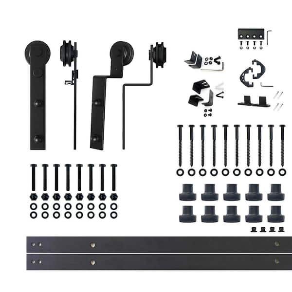 HOMACER 13 ft./156 in. Black Rustic Single Track Bypass Sliding Barn Door Hardware Kit Straight Design Roller for Double Doors