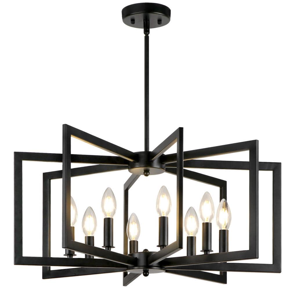 25.59 in. 8-Light Black Modern Geometric Hanging Metal Chandeliers for Dini
