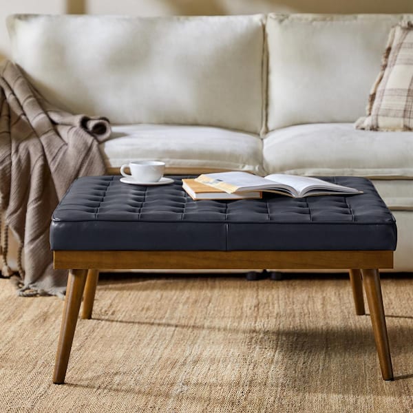 JAYDEN CREATION Diana Navy Blue Genuine Leather Square Medium Ottoman