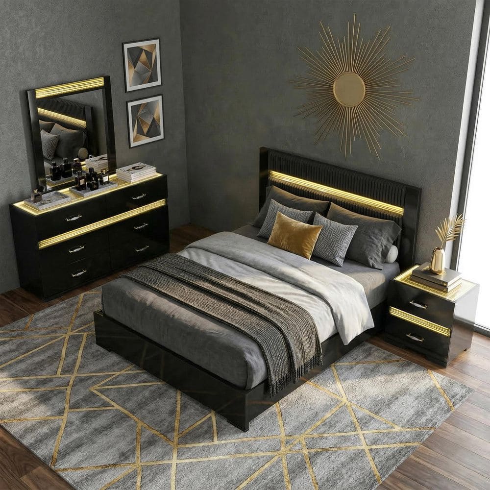 Avanon Glam 4-Piece Black Wood King Platform Bedroom Set with Nightstand and Dresser/Mirror price history on PriceWatchPro