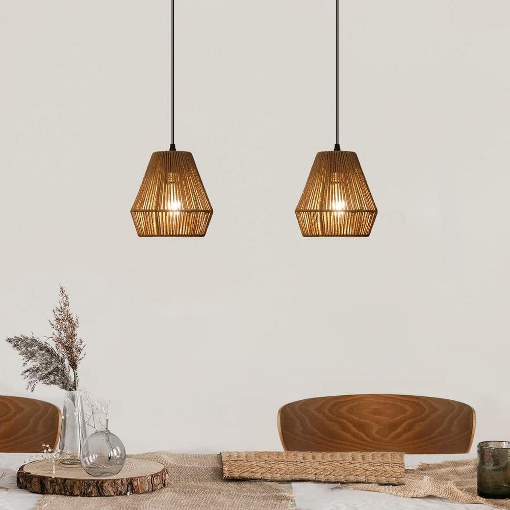 1-Light 2-Pack Boho Black Canopy Rattan Pendant Light (Set of 2) with Brown