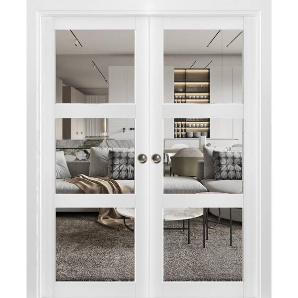 Sartodoors 36 in. x 96 in. 3-Panel White Finished Wood Sliding Door with Double Pocket Hardware