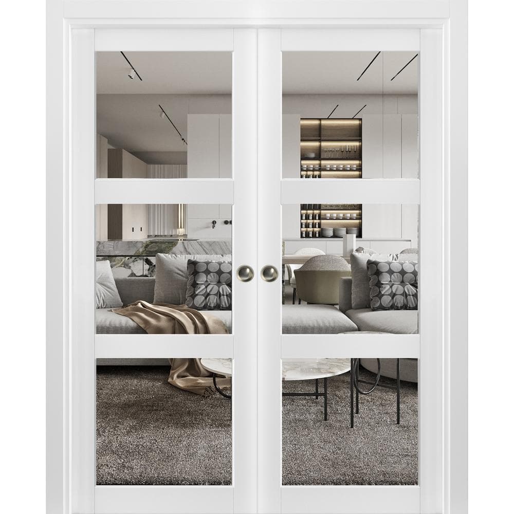 60 in. x 80 in. 3-Panel White Finished Wood Sliding Door with Double Barn Hardware price history on PriceWatchPro