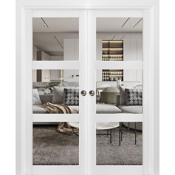 60 in. x 96 in. 3-Panel White Finished Wood Sliding Door with Double Barn Hardware