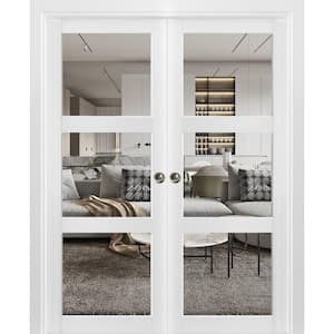 36 in. x 80 in. 3 Panel White Finished Wood Sliding Door with Double Pocket Hardware