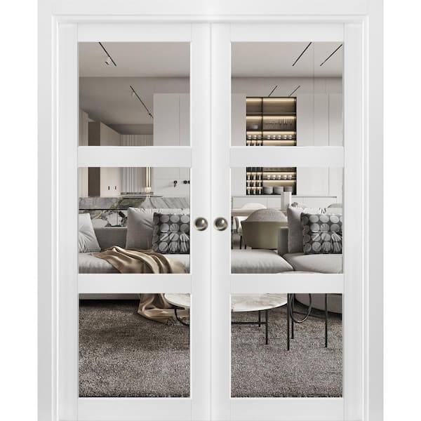 Sartodoors 2555 48 in. x 80 in. 3 Panel White Finished Wood Sliding Door with Double Pocket Hardware