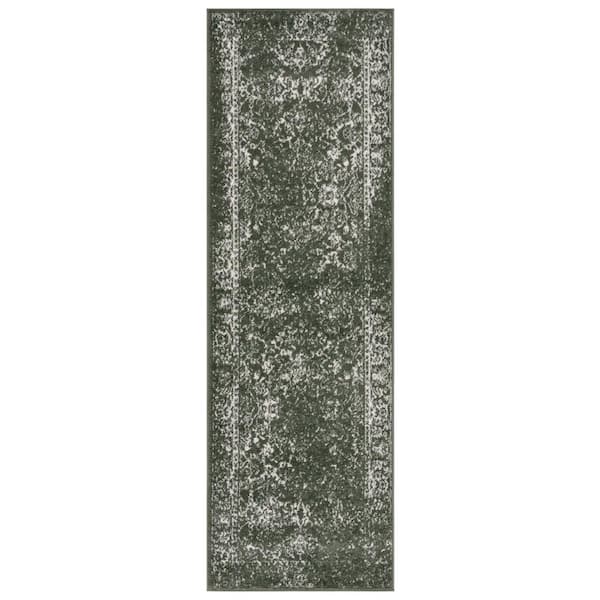 Adirondack Dark Green/Ivory 3 ft. x 10 ft. Border Distressed Runner Rug