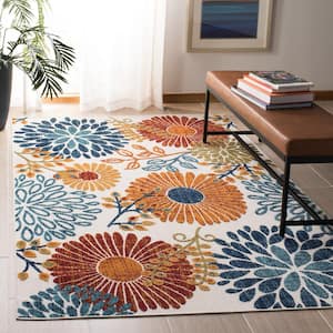 Cabana Cream/Red 4 ft. x 4 ft. Floral Leaf Indoor/Outdoor Patio  Square Area Rug