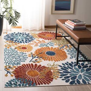 Cabana Cream/Red 5 ft. x 5 ft. Floral Leaf Indoor/Outdoor Patio  Square Area Rug