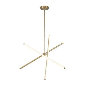 40-Watt 3-Light Dimmable Integrated LED Aged Brass Sputnik, Tubed Linear, Cylinder Chandelier for Dining Room