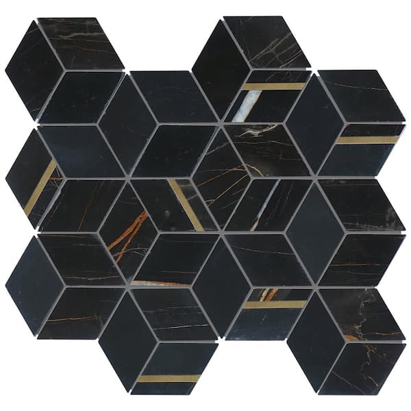 MOLOVO Natural Dorato Black Gold 11.42 in. x 13.39 Honeycomb Polished Marble Mosaic Tile Sample
