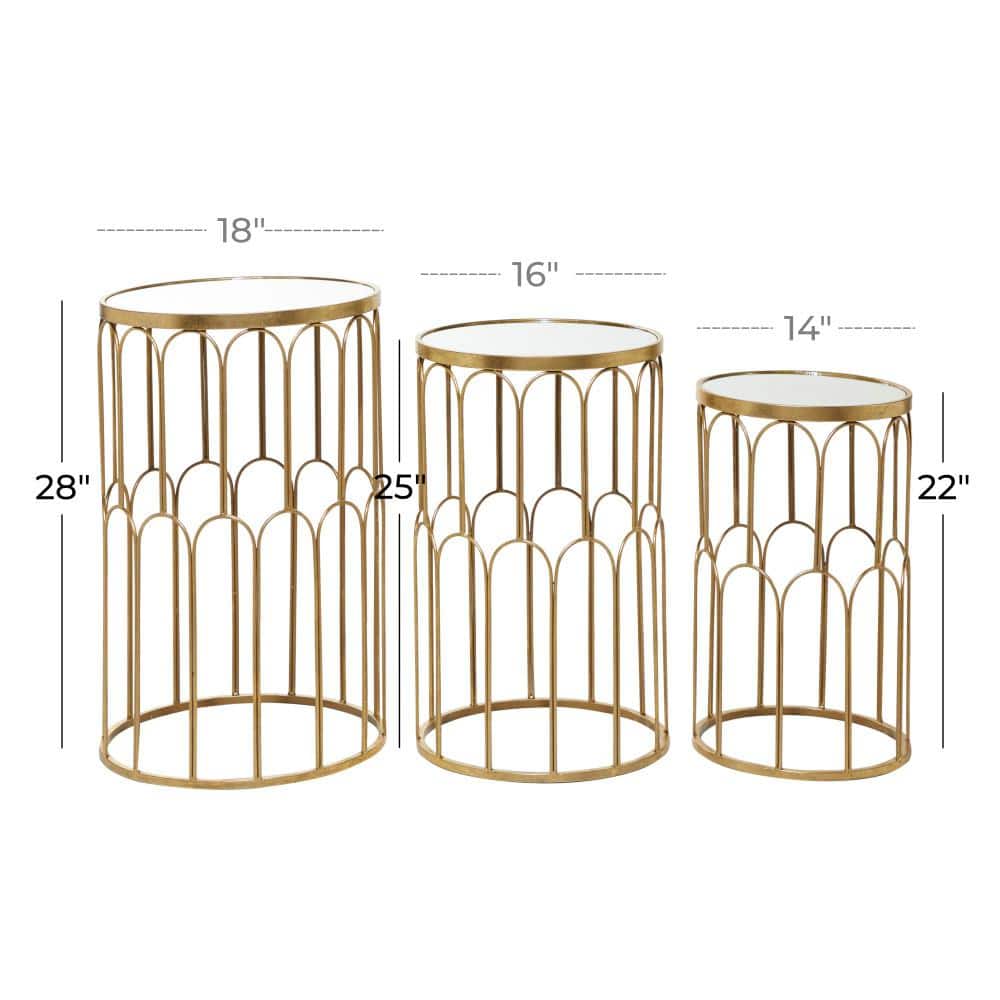 Gold Metal Round Accent Tables with Mirrored Tops, Set of 3