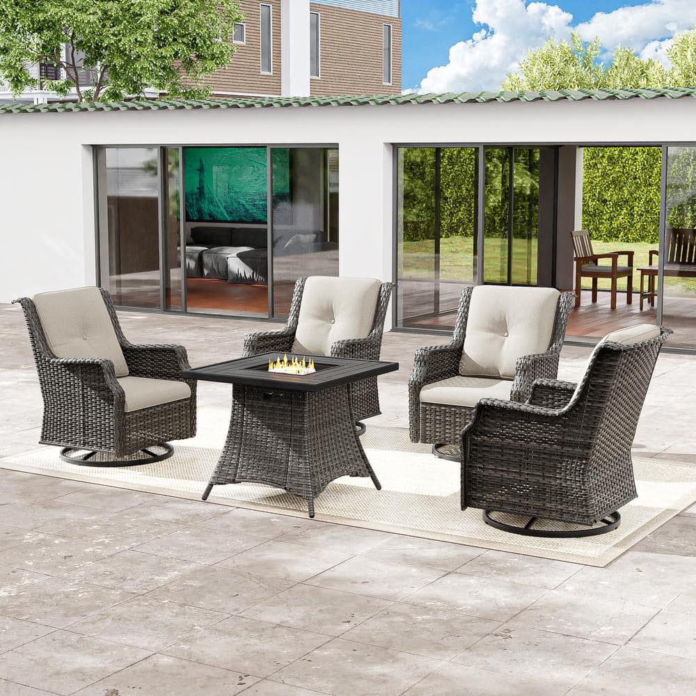 JOYSIDE 5-Piece Wicker Outdoor Patio Fire Pit Swivel Rocking Chair Set ...