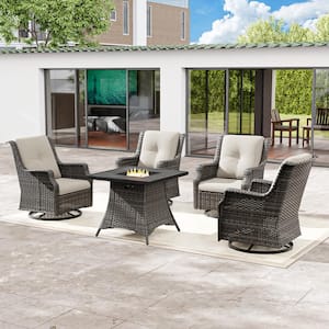 5-Piece Wicker Outdoor Patio Fire Pit Swivel Rocking Chair Set with Beige Cushions and Rectangular Fire Pit Table