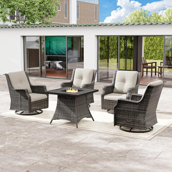 JOYSIDE 5-Piece Outdoor Wicker Patio Fire Pit Swivel Rocking Chair Set with Square Fire Pit Table and Beige Cushions