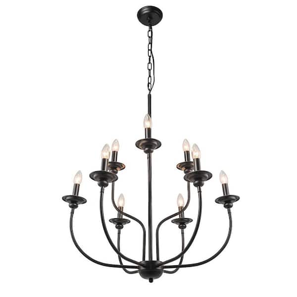 YANSUN 30 in. 9-Light Matte Black Candle Farmhouse Chandelier,Industrial Pendant Light for Living Room Foyer Kitchen Island
