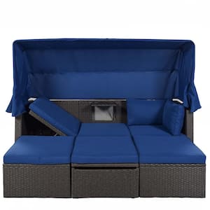 Gray Wicker Outdoor Patio Day Bed and Furniture Sectional Seat with Retractable Canopy and Blue Cushions