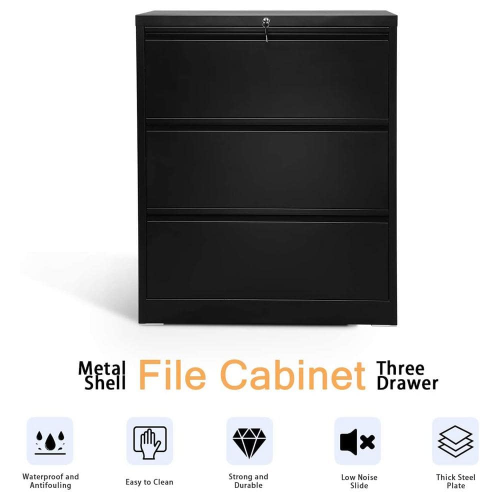 Black Steel 3-Drawer Lockable Lateral Filing Cabinet